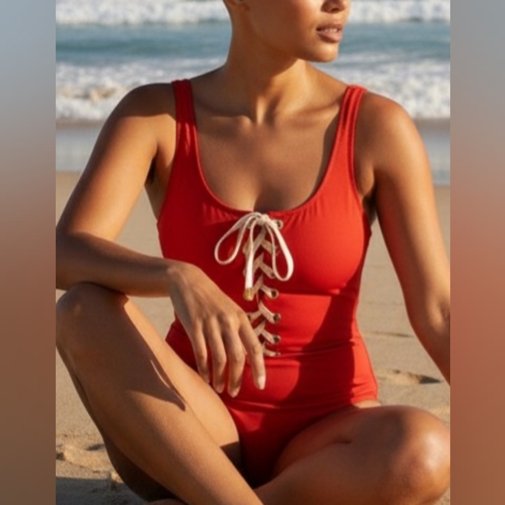 Derek Lam Womans M One Piece Swimsuit - Poppy with Cream Lace-Up